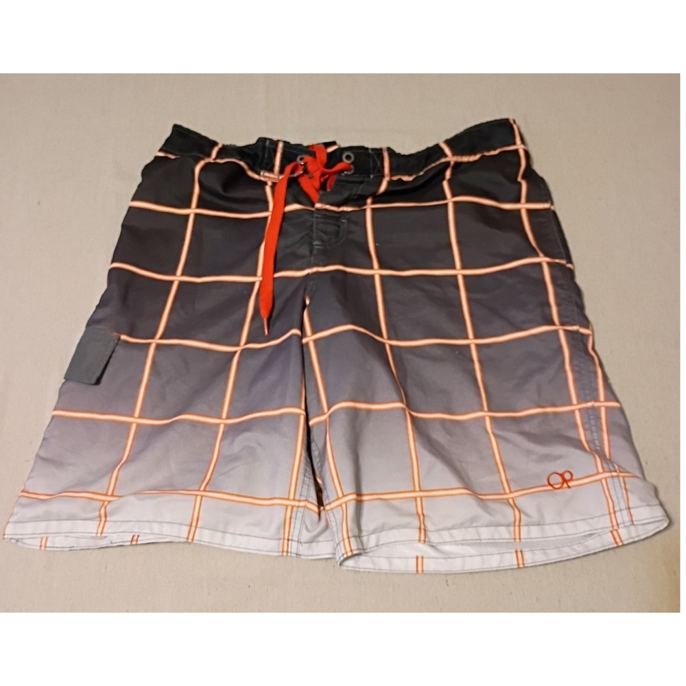 OP Ocean Pacific Mens Board Shorts Large 36-38 Grey Orange Grid Ombre Swim Trunk